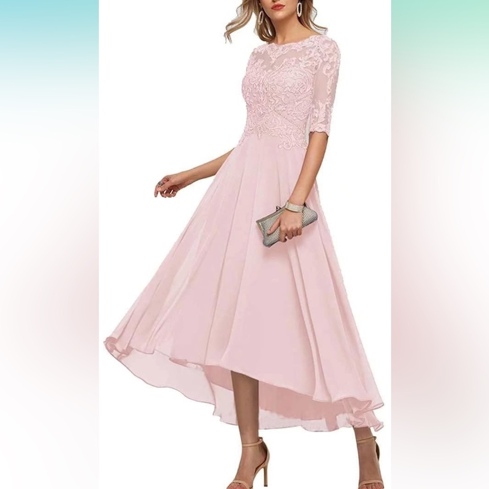 Satin Lace Midi Wedding Guest Dress in Blush Pink